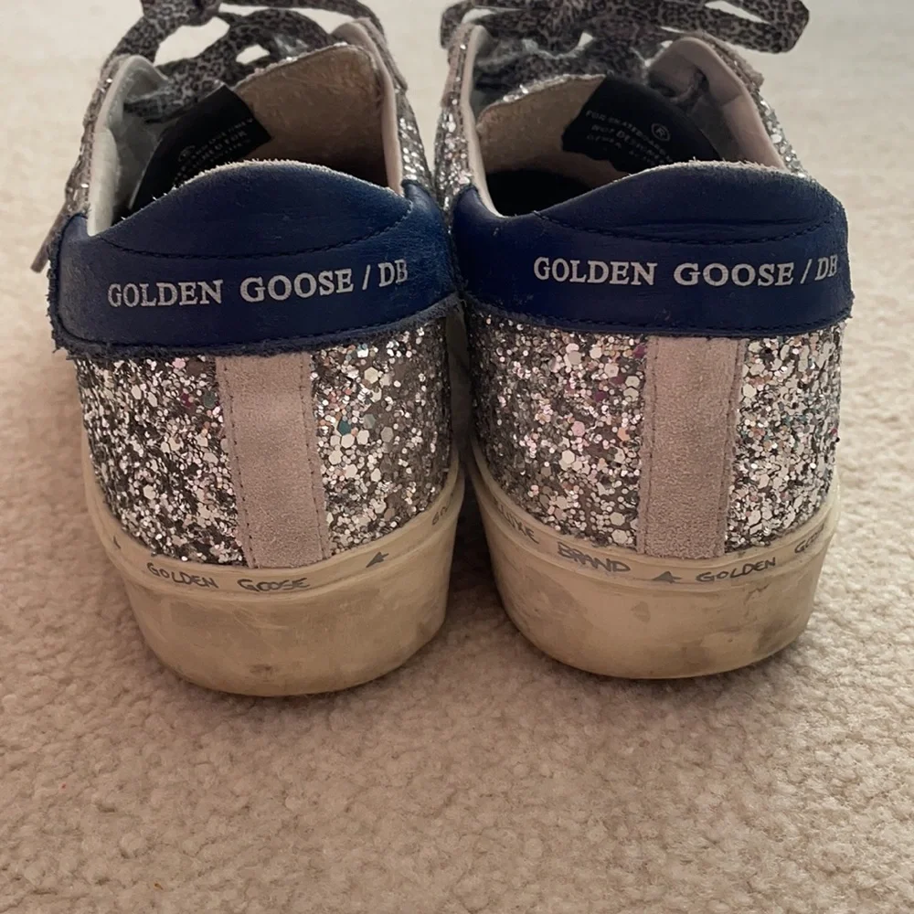Golden Goose Silver Glitter Sneakers with Navy Heel - Picture 2 of 4